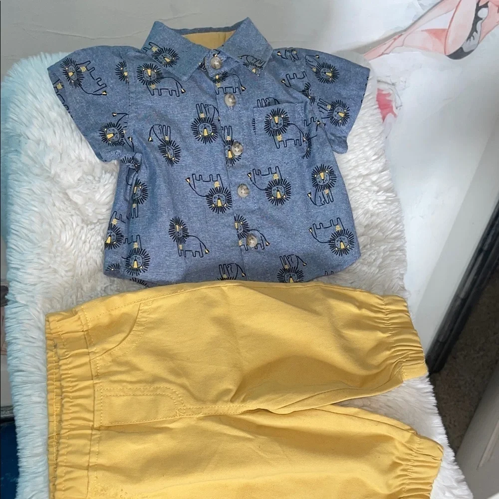 Little beginnings Blue Elephant Print Shirt and Yellow Pants Set NWOT